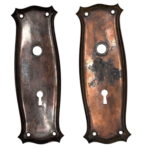 (2) Antique Victorian Copper Plated Keyhole Escutcheons, Door Backplates - Picture 8 of 13